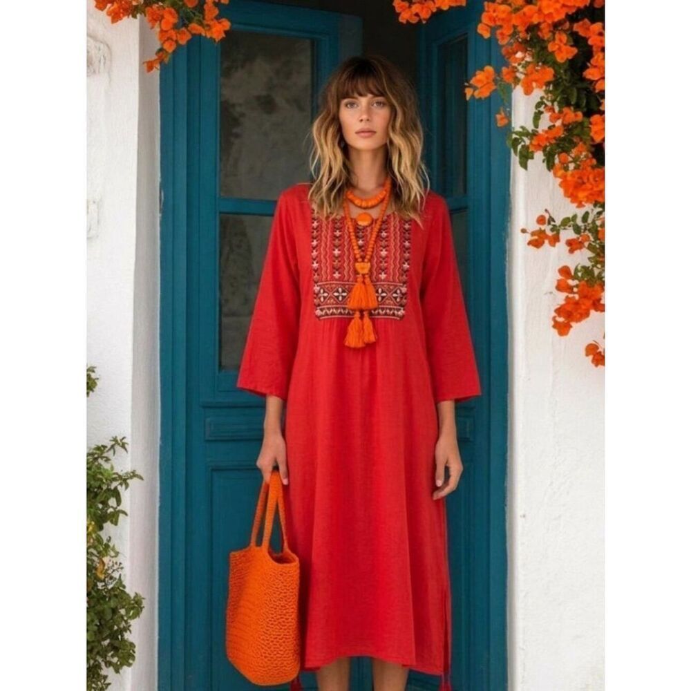 Melange Embroidered Tunic Dress Womens L Boho Red Midi Viscose Lagenlook Summer